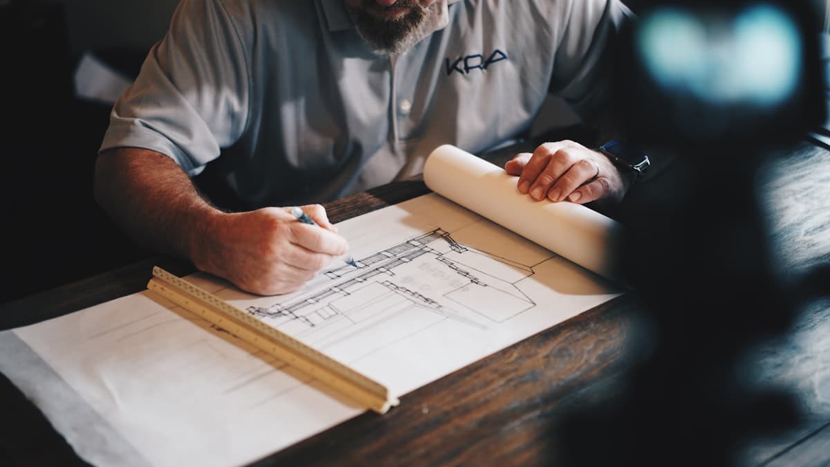 Engineers in safety vests reviewing a construction site layout